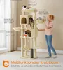 A woman is standing next to a large cat tree, interacting with one of the cats. The cat tree is multi-tiered with various platforms, cubbies, and a hammock. Text overlays provide details about different cat models and the product's functionality. Produktbild-Vorschau