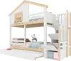 A white and natural wood bunk bed with a house-like design on top, a pull-out trundle bed, and storage stairs. Anteprima dell’immagine prodotto