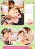 A collage of images showing a plush doll, with text overlays describing its features. Náhled obrázku produktu