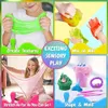 A collage of images showing children playing with slime, demonstrating its texture, stretchability, and molding capabilities. Voir les images du produit