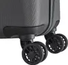 Close-up view of the wheels and bottom corner of a gray suitcase. Produktbild-Vorschau