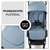 A collage of images showing a stroller and details about its material and care instructions. Produktbild-Vorschau