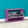 A purple shoe cabinet with shoes on display against a turquoise wall. Voir les images du produit