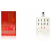 A product shot of a perfume bottle and its packaging, both featuring abstract designs and binary code. Podgląd zdjęcia produktu