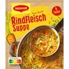A package of Maggi Rindfleisch Suppe (beef soup) with a close-up view of the prepared soup in a pot. Produktbild-Vorschau