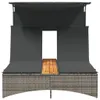 A double sun lounger with a canopy, cushions, and a central wooden table, shown from the front against a white background. Produktbild-Vorschau