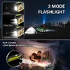 Collage showing a flashlight with different beam modes and a reading light feature, as well as a lifestyle shot of people using the product in a tent. Náhled obrázku produktu