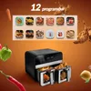 A digital collage showcasing a dual-chamber air fryer with various food icons and cooking themes. Podgląd zdjęcia produktu