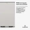 A close-up view of a modern, light gray trash can with two foot pedals, set against a plain white background. Text overlays describe its features. Produktbild-Vorschau