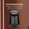 A black and gold coffee machine is shown against a brown background with text. Produktbild-Vorschau