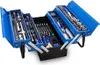 A blue metal toolbox filled with various tools, shown open. Produktbild-Vorschau