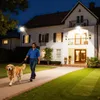 A man walks his dog on a paved path in front of a large house at night, illuminated by outdoor lights. Produktbild-Vorschau