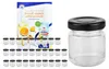 A set of small glass jars with black lids and a recipe booklet. Produktbild-Vorschau