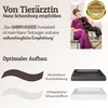 A veterinarian is shown with a dog, next to marketing text and product component diagrams for a dog bed. Produktbild-Vorschau