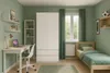 A bedroom with a desk, wardrobe, and bed. Voir les images du produit