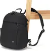 A black backpack is leaning against a wooden structure. Produktbild-Vorschau