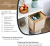 A storage basket is shown inside a white shelving unit, with text overlays describing its uses and compatibility. Produktbild-Vorschau