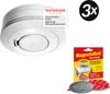 A white smoke detector is shown with marketing materials and a product accessory. Produktbild-Vorschau