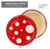 A red lid with white polka dots, resembling a fly agaric mushroom, is shown from the top and side. The inside of the lid is also visible, revealing a tan sealing compound. Produktbild-Vorschau