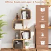 A s-shaped bookshelf with various items displayed on its shelves, next to a large potted plant. A brown overlay on the right side of the image contains icons and text describing potential uses for the shelf. Podgląd zdjęcia produktu