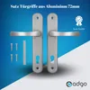 A product image showcasing a set of door handles with accompanying screws and a metal strip, set against a gradient blue and white background. Anteprima dell’immagine prodotto