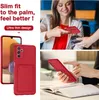 Collage of images showing a red phone case with a card slot, a woman making a contactless payment, and a hand holding the phone case. Produktbild-Vorschau