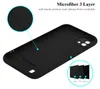 The image shows the inside of a black phone case with a close-up view of the microfiber lining and a diagram illustrating the 3-layer construction. Produktbild-Vorschau