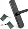 A black smart door lock with a handle and two RFID key fobs are shown against a white background. Náhled obrázku produktu