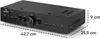 A black stereo amplifier shown from a diagonal angle on a white background with dimensions indicated. Produktbild-Vorschau