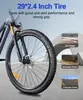 Close-up of a bicycle tire with marketing text and inset images of different road types. Produktbild-Vorschau