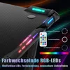 Close-up of a gaming desk with RGB LED lighting and a remote control. Voir les images du produit