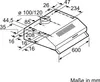 A technical drawing with dimensions of a kitchen hood. Voir les images du produit