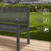 A dark gray wooden garden bench is shown outdoors on a wooden deck, with grass and trees in the background. Rain is depicted falling. Náhled obrázku produktu