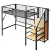 A loft bed with stairs and a metal grid structure, shown against a white background. Podgląd zdjęcia produktu