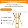 A round dining table with a marble-effect top and gold legs, shown with descriptive text highlighting its features. Voir les images du produit