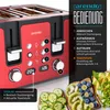 A red toaster with detailed operational instructions and appetizing images of toast toppings. Produktbild-Vorschau