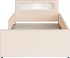 A beige upholstered bed frame with a slatted base and a headboard with integrated LED lighting. Produktbild-Vorschau