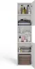 A tall, narrow white cabinet with several shelves filled with toiletries and towels. Produktbild-Vorschau