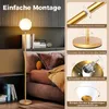 A floor lamp is shown in a bedroom setting, with inset images demonstrating assembly steps. Podgląd zdjęcia produktu