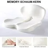 A collage showing a white memory foam seat cushion with three smaller images demonstrating its features. Produktbild-Vorschau