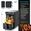 A marketing image for an Arendo air fryer, showing its dimensions, features, and a cooked meal. Produktbild-Vorschau