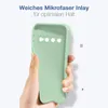 A hand holding a light green phone case, with text describing its features. Produktbild-Vorschau