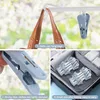A collage of images showing a blue sock dryer with clips, a brown handbag, and a suitcase with clips inside. Produktbild-Vorschau