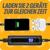A power bank is shown charging a smartphone and wireless earbuds, with text indicating it can charge two devices simultaneously. Produktbild-Vorschau