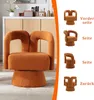 A large orange armchair is shown in the foreground, with smaller images of the same chair from different angles on the right side, accompanied by German text. Voir les images du produit