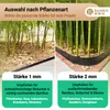 A split image showing two different types of bamboo rhizome barriers, with text explaining their recommended uses and plant types. Produktbild-Vorschau