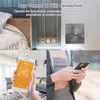 Collage showing a bedroom, a smart thermostat on a wall, and two people using smartphones. Podgląd zdjęcia produktu