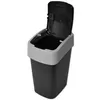 A black and gray trash can with its lid open, shown against a white background. Voir les images du produit