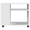A white side table with wheels, shown from the front. Podgląd zdjęcia produktu