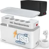 A product shot of a cable management box with a power strip and USB ports, shown disassembled and with a separate lid. Voir les images du produit